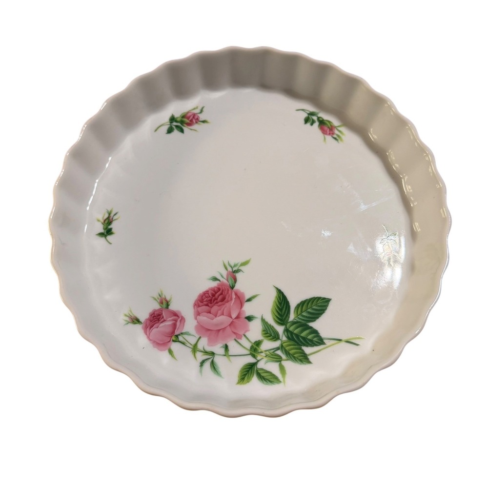 Christineholm Pink Rose Floral Ceramic Quiche Tart Pan 10 In Fluted Baking Dish